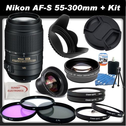 Nikon - 2197 - 55-300mm f/4.5-5.6G ED VR AF-S DX Nikkor Zoom Lens for Nikon Digital SLR + SSE Kit: Includes 4 Piece Macro Close-Up Set, 0.45x Wide Angle Lens, 2x Telephoto Lens, 3 Piece Filter Kit (UV,CPL,FLD), Tulip Lens Hood, Lens Cap and more...