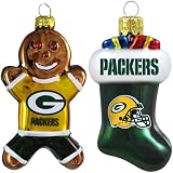 NFL Green Bay Packers Blown Glass Gingerbread Man & Stocking Ornament 2-Pack