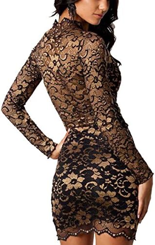 Maykool Women's Gold Ruched Lace Sexy Bodycon Dress Size L