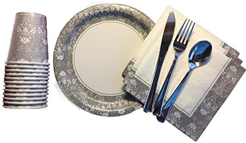 Wedding Plates 18 Ct Matching Napkins Cups Silver Flatware Disposable Paper Tableware Service 25th Anniversary