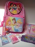 Disney Princess sparkling glitter Backpack with Lunch Box & Featuring ALL 6 Princesses with BONUS 14 piece Princess School Supply Set