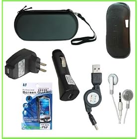 PSP 2000 7 items accessory bundle: usb ac travel charger, usb car charger,usb data cable, psp soft case, psp premium hard case, premium earphone, and psp screen protector.