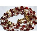 RedSwarovskicrystal,14kGoldPlated&PearlColoredBeadworkRosaryJewelry