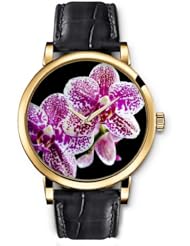 SPRAWL Aanalog Fashion Series Gold Ladies Watches of Genuine Black Leather Strap,Unique Wrist Watch for Women Girls Designed with Flowers with purple spots