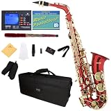 Mendini MAS-RL Red Lacquered E Flat Alto Saxophone + Case, Accessories & Free Chromatic Tuner with Metronome