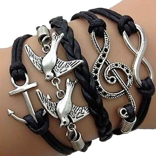KOOISP 3pcs Dove Charms Black Leather Wrap Bracelets for Men