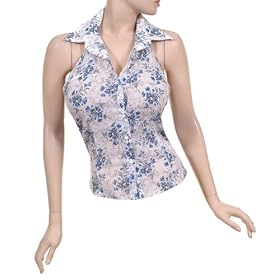 Buy 100% Cotton White Blue Floral Halter Neck Blouse by Nvie Designs