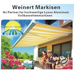 Hochwertige Luxus-Aluminium-Vollkassetten-Markise / 6,0 Meter breit / 3,0 Meter Ausfall / Tuch-Farbe: Sonnenschein (wei�-gelb) / Inkl. LED-Beleuchtung, Volant, Keder uvm.