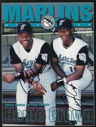 Charles Johnson & Edgar Renteria Autographed/Hand Signed Marlins Magazine