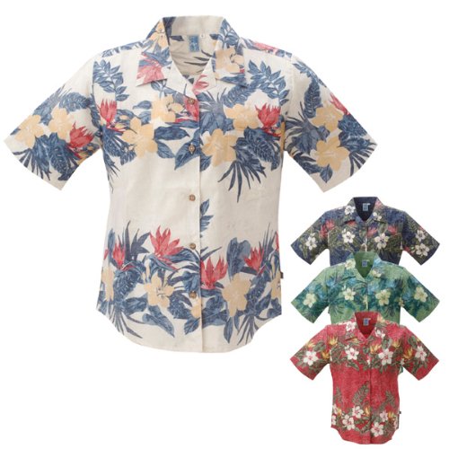 沖縄物語 かりゆしウェア レディース ボーダーハイビ柄 開襟