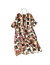 Short Sleeves Shift Checkered Print Summer Linen Midi Dress 