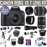Canon Rebel XS + Canon 18-55mm Lens + Canon 55-250mm Lens + Canon 50mm Lens +500mm Preset Lens + 650-1300mm Lens + .40x Fisheye Lens + 2x Telephoto Lens + 3 Year Celltime Warranty Repair Contract