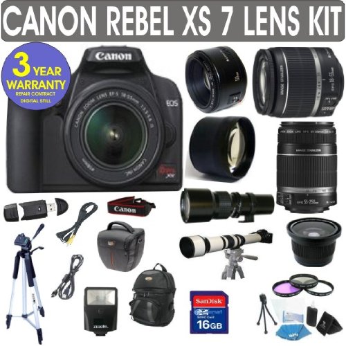 Canon Rebel XS + Canon 18-55mm Lens + Canon 55-250mm Lens + Canon 50mm Lens +500mm Preset Lens + 650-1300mm Lens + .40x Fisheye Lens + 2x Telephoto Lens + 3 Year Celltime Warranty Repair Contract