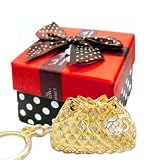 Designer Inspired Golden Classic Satchel Purse Bling Crystals Rhinestone Keychain Key Ring Holder / Handbag Charm w/Gift Box