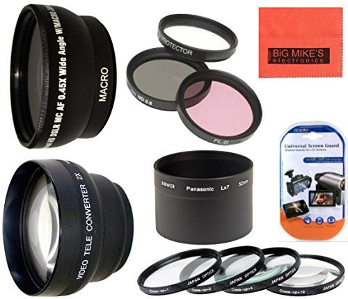 Deluxe Lens Kit for Panasonic LUMIX DMC-LX7 Digital Camera Includes 52mm 3PC Filter Kit + 4PC (+1 +2 +4 +10) Close Up Filter Set + 52mm 2X Telephoto Lens + 52mm 0.43x Wide Angle Lens with Macro Filter Adapter + More!! Deluxe Lens Kit for Panasonic LUMIX DMC-LX7 Digital Camera Includes 52mm 3PC Filter Kit + 4PC (+1 +2 +4 +10) Close Up Filter Set + 52mm 2X Telephoto Lens + 52mm 0.43x Wide Angle Lens with Macro Filter Adapter + More!!