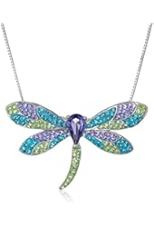 Sterling Silver with Swarovski Elements Multicolored Dragonfly Pendant Necklace, 18"