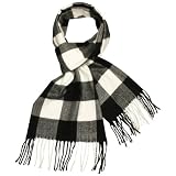 Classy Cashmere Feel Viscose Buffalo Plaids Tassels Ends Long Scarf - Black and White