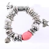 Review The Tribeca Gift Company  / Antique Silver Effect Charm Bracelet with Pink Bead