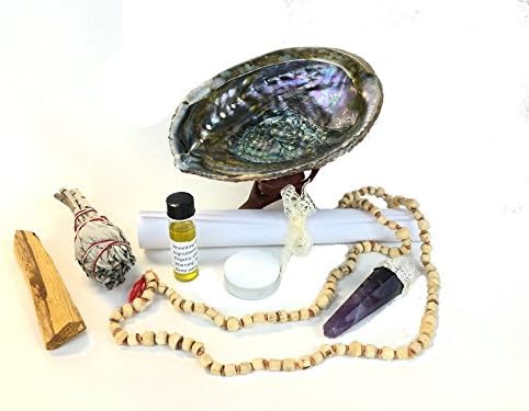 Large Abalone Shell Deluxe Smudge Kit Gift Set, Wood Stand, Sage, Amethyst, Prayer Beads, Palo Santo Wood and Anointing Oil - 9 Items