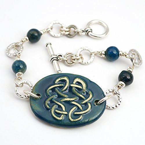 Blue Celtic bracelet, ceramic, and silver, apatite beads, 7 3/4 inches long