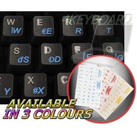 CZECH KEYBOARD STICKERS WITH BLUE LETTERING ON TRANSPARENT BACKGROUND