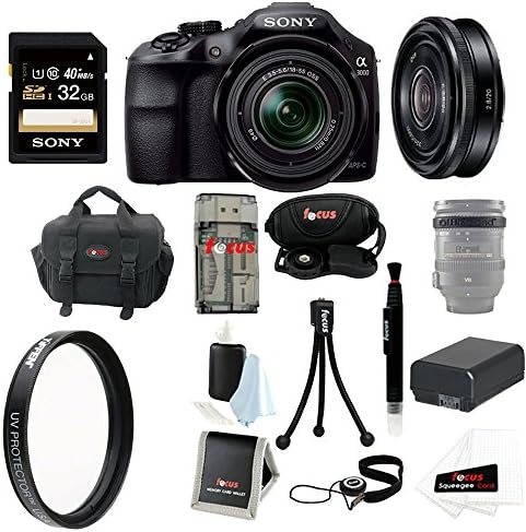 Sony A3000 ILCE-3000 ILCE-3000KB 20.1MP Interchangeable Lens Camera with 18-55mm Zoom Lens (Black) + Sony SEL-20F28 E-Mount 20mm F2.8 Prime Lens + Sony 32GB Class 10 SDHC Card + Focus Soft Carry Case + Tiffen UV Protector Filter + Focus Multi Card Reader + Replacement NP-FW50 Battery + Accessory Kit