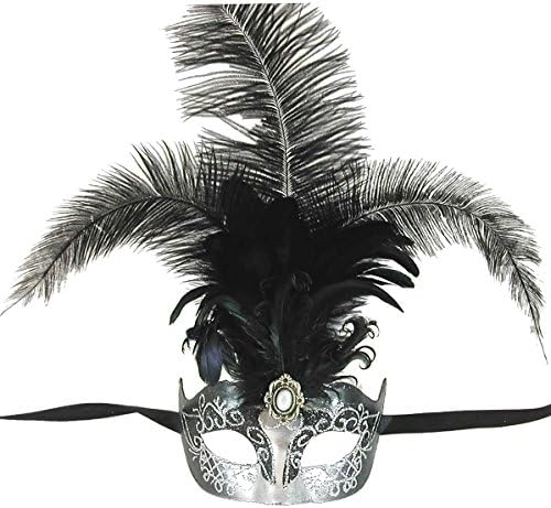 Black And Silver Princess Feathered Venetian Masquerade Mask