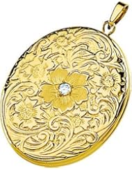 14K Yellow Gold Oval Locket with Rose and Diamond: 29.25X20.5mm