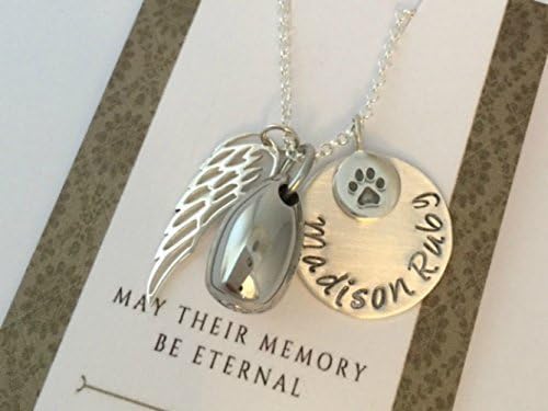 A Pet Memorial Sterling Silver Necklace with Stainless Steel Cremation Urn Pendant and Sterling Silver Angel Wing charm Paw Print and name