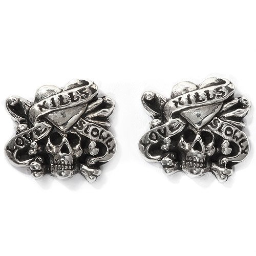 Ed Hardy By Christian Audigier: 'Love Kills Slowly' Skull and Crossbones with Heart Earrings in Stainless Steel