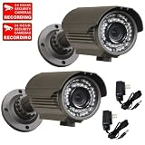 VideoSecu 2 Pack 700TVL SONY Effio Color CCD OSD Menu Day Night Vision Bullet Security Cameras Outdoor Weatherproof IP66 4-9mm Zoom Lens 42 Infrared IR LEDs for Home CCTV DVR Surveillance System with Power Supplies and Security Warning Decals CMS