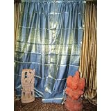 2 Iceberg Blue Gold Brocade Silk Sari Saree Curtains Drapes India Decor 96"