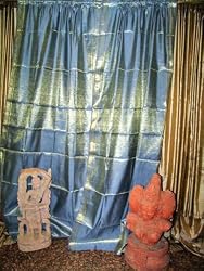 2 Iceberg Blue Gold Brocade Silk Sari Saree Curtains Drapes India Decor 96"