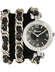 Geneva Black w/ Silver Twisted Rope Chain Triple Wrap Watch Toggle Clasp w/ Rhinestones