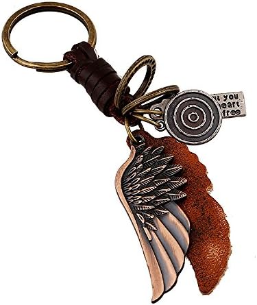 YYfashion Unisex Vintage Punk Style Angel's wings Brown Leather Keyrings