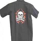 Felon Clothing Skull Crossbones Batwings Work Shirt , Mens Button Front Biker Shirt, Skateboard Shirt, Bowling Shirt with Tattoo Design Skull Batwings