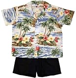 Plumeria Ocean Boy's Hawaiian Aloha Camp Shirt & Cotton Shorts 2PC Cabana Set in Royal Blue Shirt / Navy Blue Shorts - 7