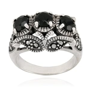 Sterling Silver Marcasite and Faceted Onyx Ring