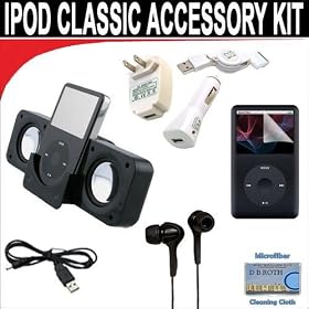 8 pc. Accessory kit for iPod Classic 70/120/160GB. Includes Black portable stereo speaker w/cable 3-in-1 iPod charging kit (1000mAH) Black Mini soft Earbuds Reusable Pre-Cut Screen Protector and a DBROTH Microfiber Cleaning Cloth