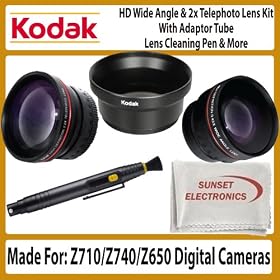 Lens Bundle Kit For Kodak Z710, Z740, Z650 Digital Cameras Includes Necessary Adaptor Tube + 2x HD Telephoto Lens + .45x Professional HD Wide Angle Lens With Macro + Lens Pen Cleaning Kit + MicroFiber Cloth