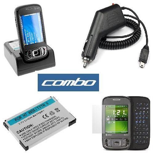 AT T HTC 8925 Tilt Smartphone Accessory Bundle - 3-In-1 USB Hot Sync Charging Cradle with Spare Battery Charger Slot + Standard Lithium-Ion Battery + Car Charger with Ic Chip + Premium Reusable LCD Screen Guard Protector with Lint Cleaning Cloth By Ikross