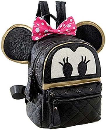 Cheery Family Waterproof PU Leather Rivets Mickey Mouse Small Backpack (Black Bowknot)