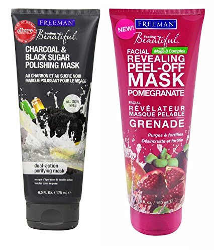 Freeman Mask Bundle: One Freeman Feeling Beautiful Facial Revealing Peel-off Mask Pomegranate 6 Oz and One Freeman Facial Charcoal & Black Sugar Polish Mask 6 Oz.