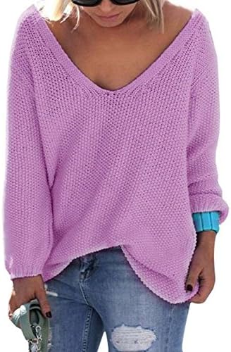 Ariamark Woman Knit Pullover Sweatshirt V neck Off-Shoulder Blouse Oversize Tops (L, Purple)