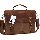 Crazy Ants® Vintage Canvas Leather Mens Messenger Bags Ipad Laptop Briefcase Shoulder Bag, Coffee, Fit 14" Laptop