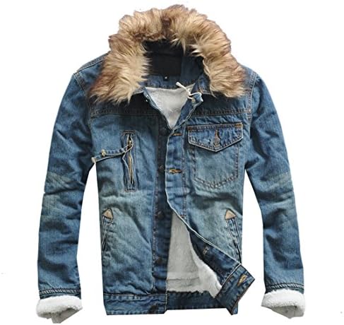 Gclear Men's Vogue Long Sleeve Denim Fur Collar Jeans Jacket Coat xxxl blue