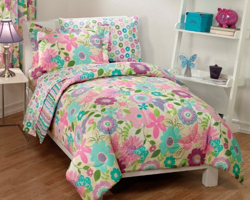 Daisy Flower and Butterfly Pink Aqua Comforter Set