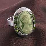 Light Green Cameo Ring Vintage Silver Stone Crystal Fashion Jewelry Adjustable