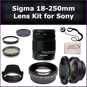 Sigma 18-250mm f/3.5-6.3 DC OS HSM Autofocus Zoom Lens Kit For Sony Alpha A450, A550, A850 Digital SLR Cameras. Package Includes: Sigma 18-250mm Lens, 0.45X Wide Angle Lens, 2X Telephoto Lens, Lens Cap, Lens Hood, Lens Cap Keeper, 3 Piece Filter Kit (UV-FLD-CPL) and Microfiber Cleaning Cloth