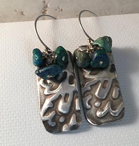Textured Argentium Silver and Chrysocolla Dangle Earrings with Handmade Sterling Earwires